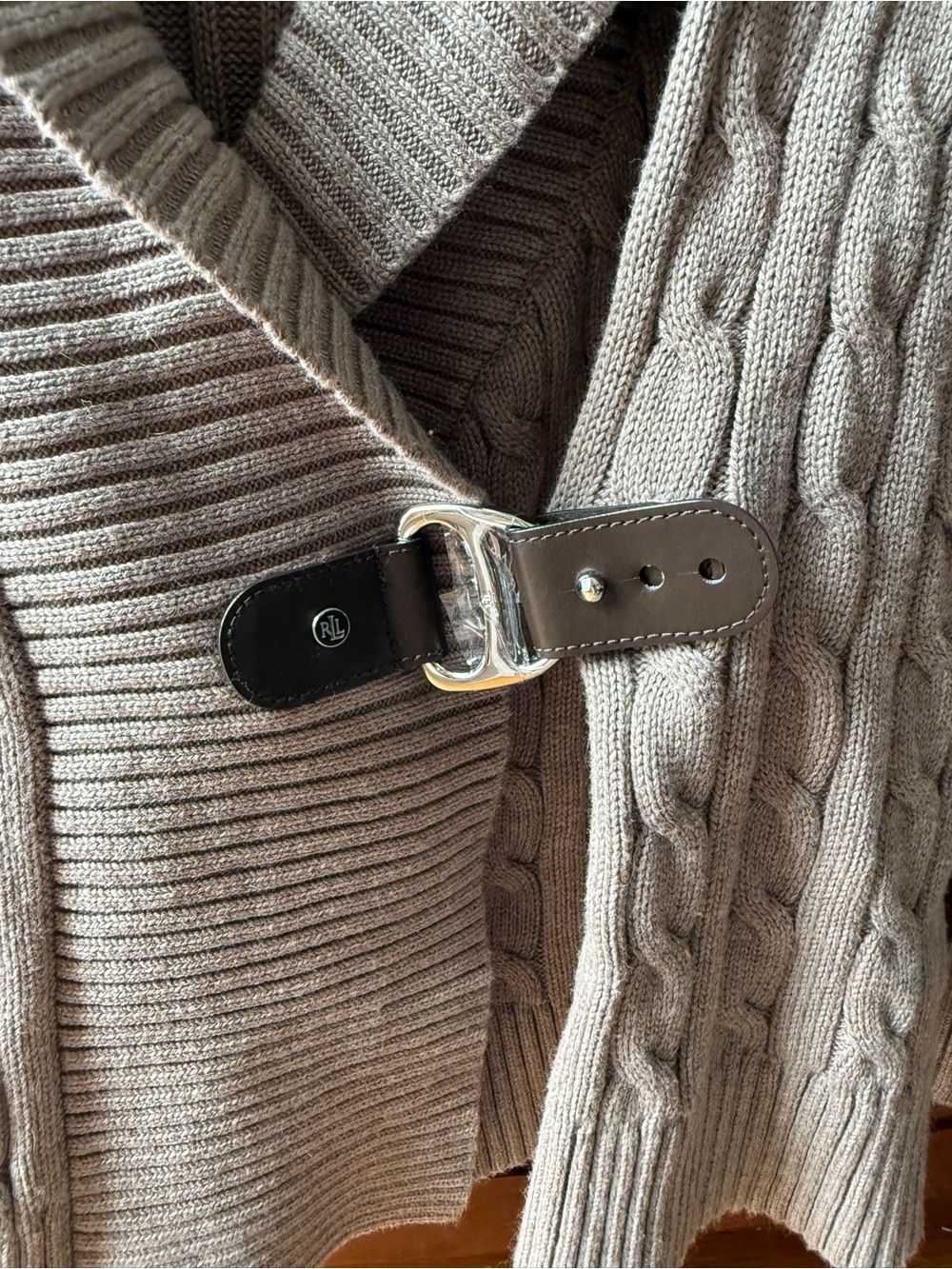 Lauren Ralph Lauren Cable-Knit Shawl Collar Buckled Cardigan Sweater - Taupe - Picture 4 of 6